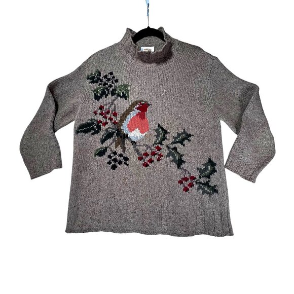 Talbots Knit Sweater Robin Bird Holly Branch Khaki Brown Collar Casual Comfy LG - Picture 2 of 12